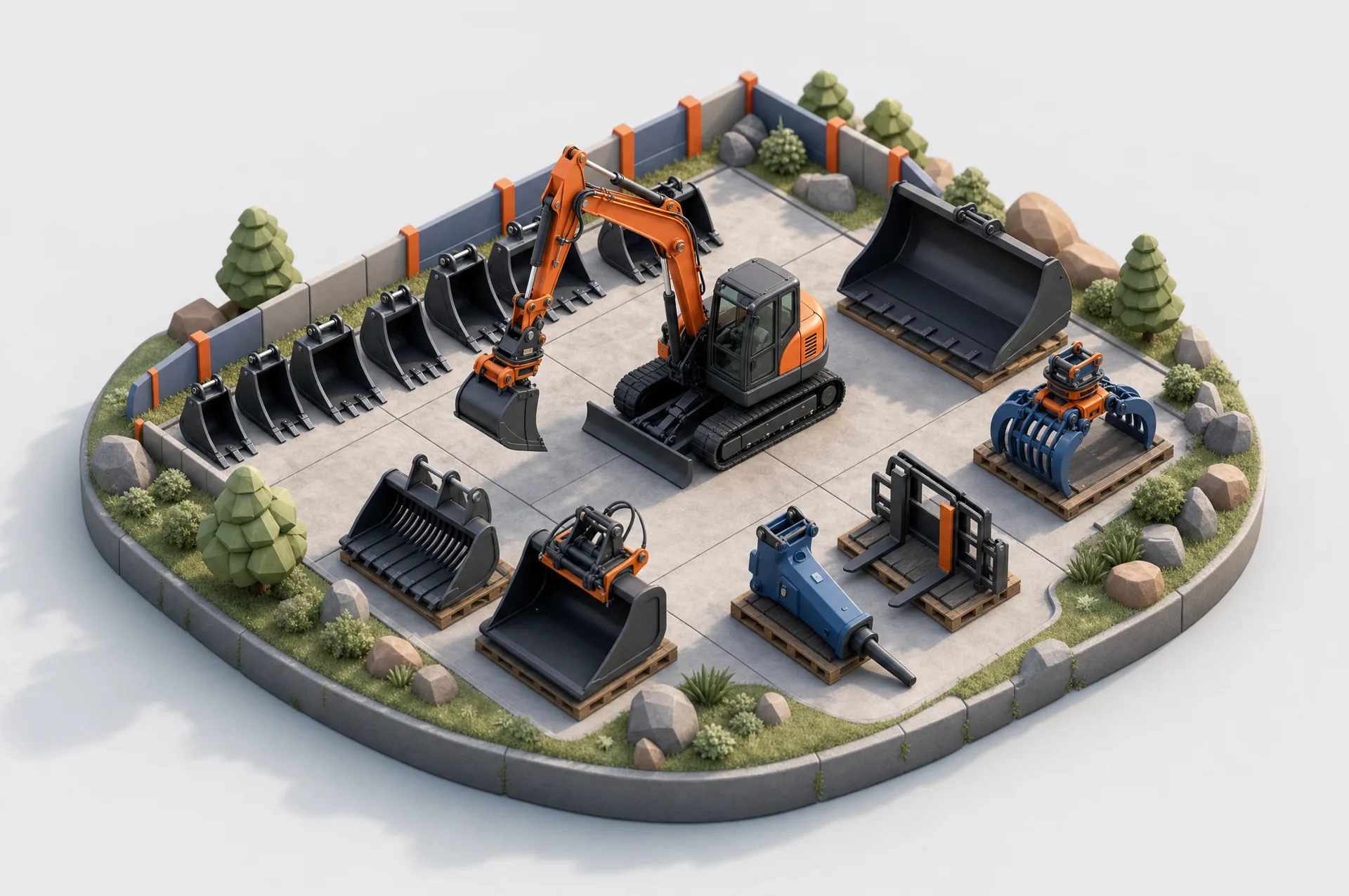 Miniatur-Darstellung: Lagerplatz mit Baggerlöffeln, Greifer, Hydraulikhammer und Palettengabel