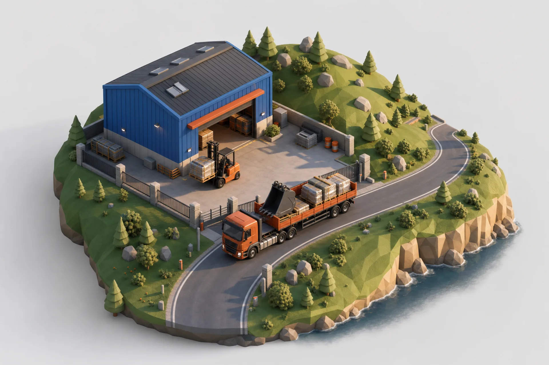Miniatur-Darstellung: Ein Lkw verlässt mit Ersatzteilen und einem Baggerlöffel das BTL-Lager